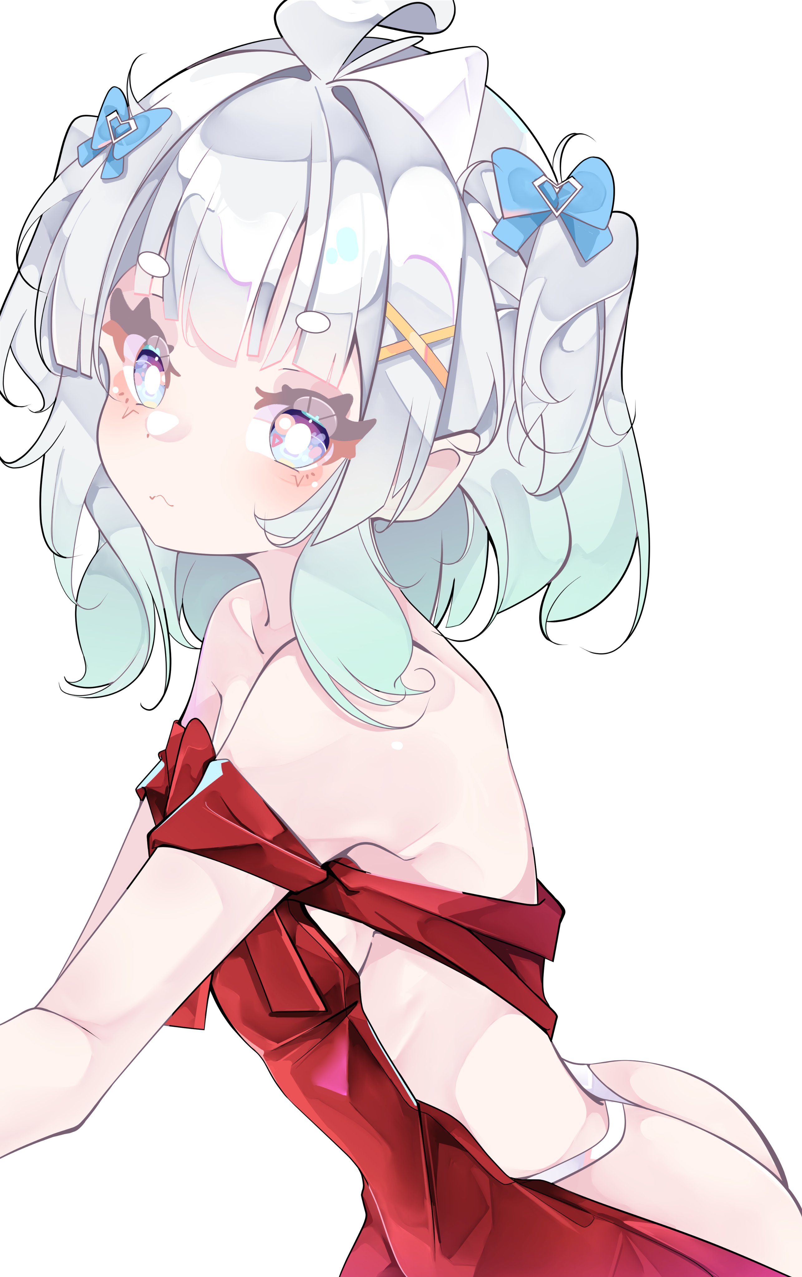 berrychan00, mint fantome, indie virtual youtuber, absurdres, commentary, english commentary, highres, 1girl, ass, backless dress, backless outfit, bare shoulders, blue bow, bow, breasts, bright pupils, closed mouth, cowboy shot, dress, from side, gradient hair, green hair, hair bow, hair ornament, looking at viewer, medium breasts, multicolored hair, panties, red dress, short eyebrows, short hair, sleeveless, sleeveless dress, solo, strap slip, two-tone hair, underwear, virtual youtuber, white hair, white panties, white pupils, x hair ornament