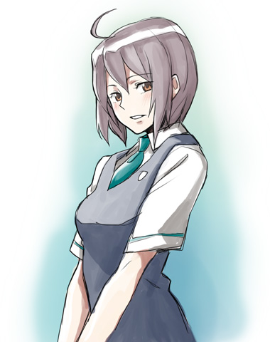 minato fumi, lowres, 1girl, ahoge, blush, brown eyes, female focus, grey hair, light smile, looking at viewer, necktie, short hair, solo, v arms