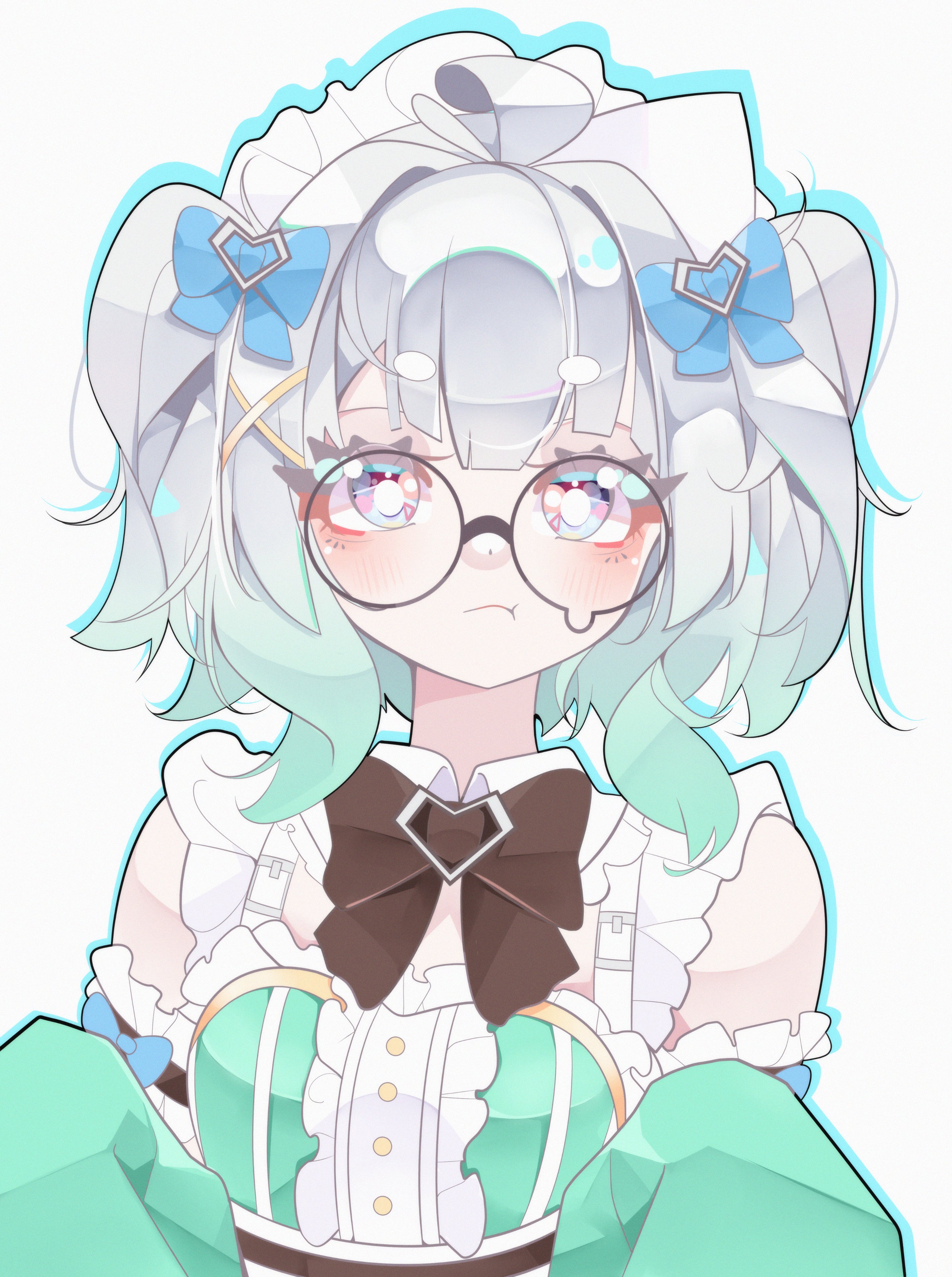 berrychan00, mint fantome, mint fantome (minto 2.0), indie virtual youtuber, absurdres, commentary, english commentary, highres, 1girl, :t, ahoge, black-framed eyewear, black bow, black bowtie, blue bow, blue eyes, blush, bow, bowtie, breasts, bright pupils, center frills, closed mouth, detached collar, detached sleeves, eyelashes, frills, glasses, gradient hair, green hair, green sleeves, hair bow, hair intakes, hair ornament, long sleeves, looking at viewer, maid headdress, multicolored hair, pout, short hair, simple background, sleeve garter, sleeves past fingers, sleeves past wrists, solo, teardrop-framed glasses, thick eyelashes, upper body, virtual youtuber, white background, white hair, white pupils, x hair ornament