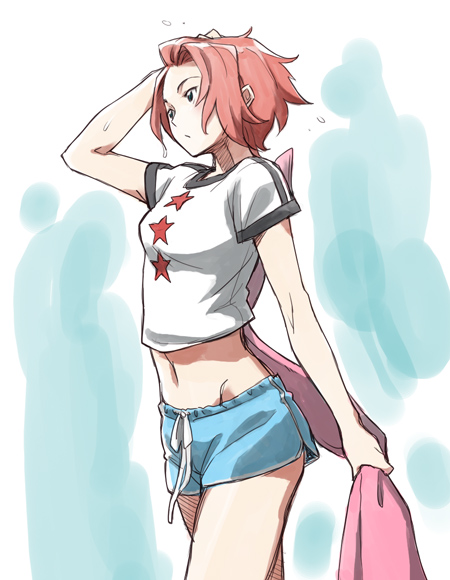 minato fumi, 1girl, female focus, forehead, midriff, shirt, short hair, shorts, solo, towel, wet, wet hair