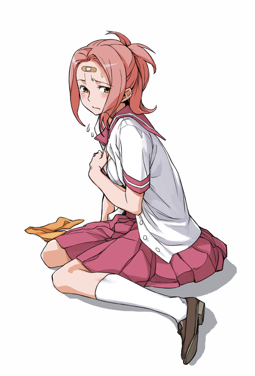 minato fumi, 1girl, bandaid, bandaid on face, bandaid on forehead, blush, bra, brown eyes, female focus, flying sweatdrops, forehead, full body, kneeling, lingerie, open clothes, open shirt, pink hair, pleated skirt, school uniform, shirt, short sleeves, sitting, skirt, socks, solo, tears, underwear, wariza, white background, white socks