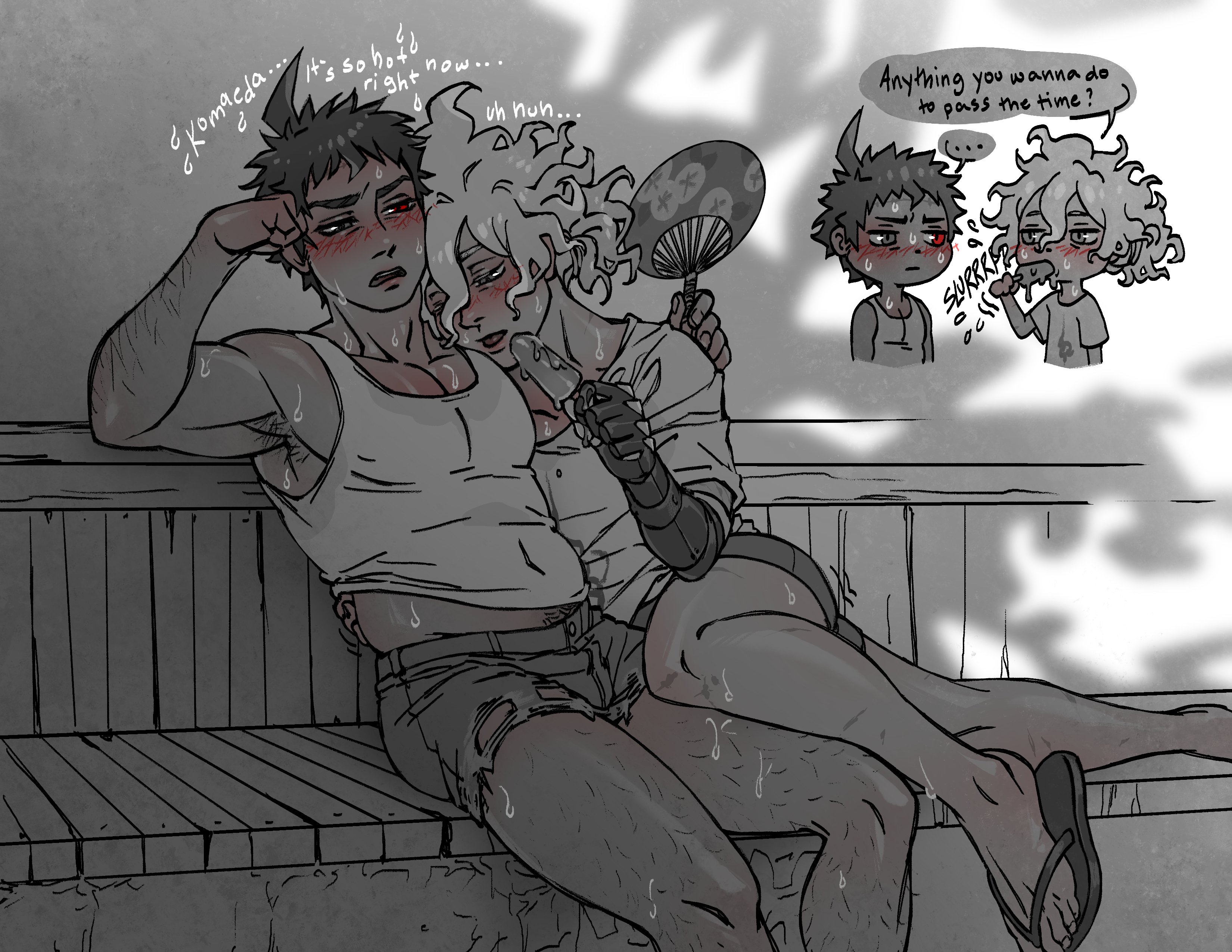 hinata hajime, komaeda nagito, danganronpa (series), danganronpa 2: goodbye despair, absurdres, highres, 2boys, ahoge, arm hair, armpit hair, blush, denim, denim shorts, flip-flops, food, hair between eyes, heterochromia, holding, holding food, holding popsicle, leg hair, male focus, mechanical arms, melting popsicle, messy hair, multiple boys, neuronomicon, popsicle, prosthesis, prosthetic arm, pubic hair, pubic hair peek, sandals, scar, shirt, short hair, shorts, single mechanical arm, sitting, speech bubble, sweat, sweat stain, tank top, very sweaty, white shirt, yaoi