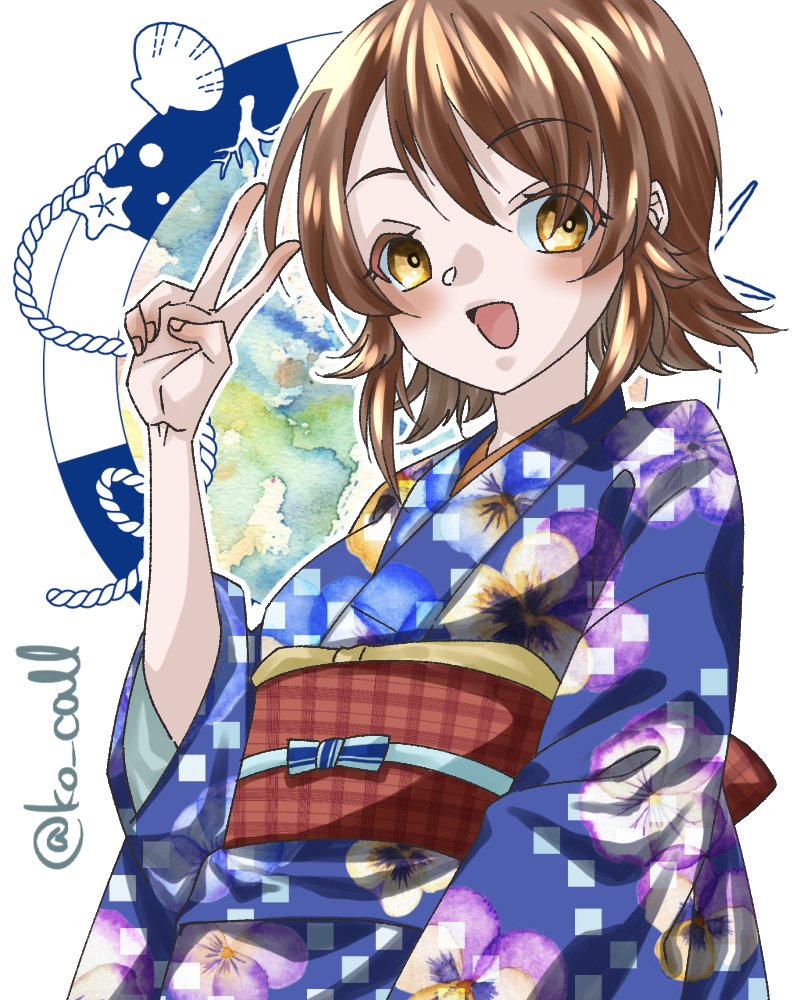 richard p. leary (kancolle), kantai collection, 1girl, alternate costume, blue kimono, brown eyes, brown hair, flipped hair, floral print, japanese clothes, kimono, komatsu mizaki, looking at viewer, obi, one-hour drawing challenge, rope, sash, seashell, shell, short hair, smile, solo, starfish, twitter username, v, yukata