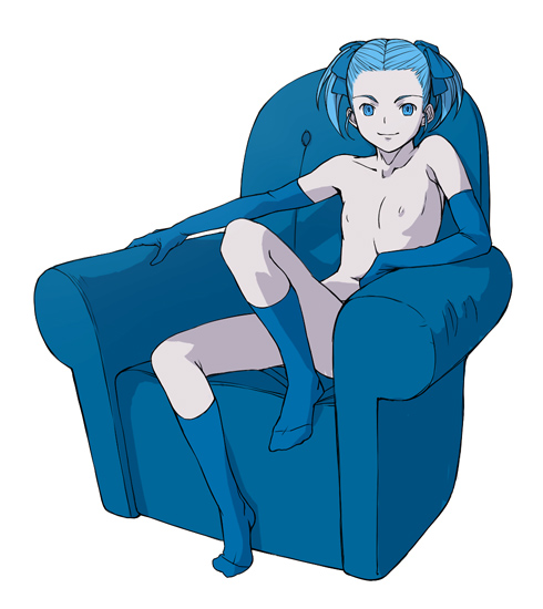 minato fumi, copyright request, painttool sai (medium), 1girl, armchair, blue eyes, blue hair, casual nudity, chair, couch, easy chair, elbow gloves, feet, feet on chair, female focus, flat chest, gloves, knee up, kneehighs, loli, looking at viewer, matching hair/eyes, nipples, nude, short hair, short twintails, sitting, socks, solo, twintails, white background