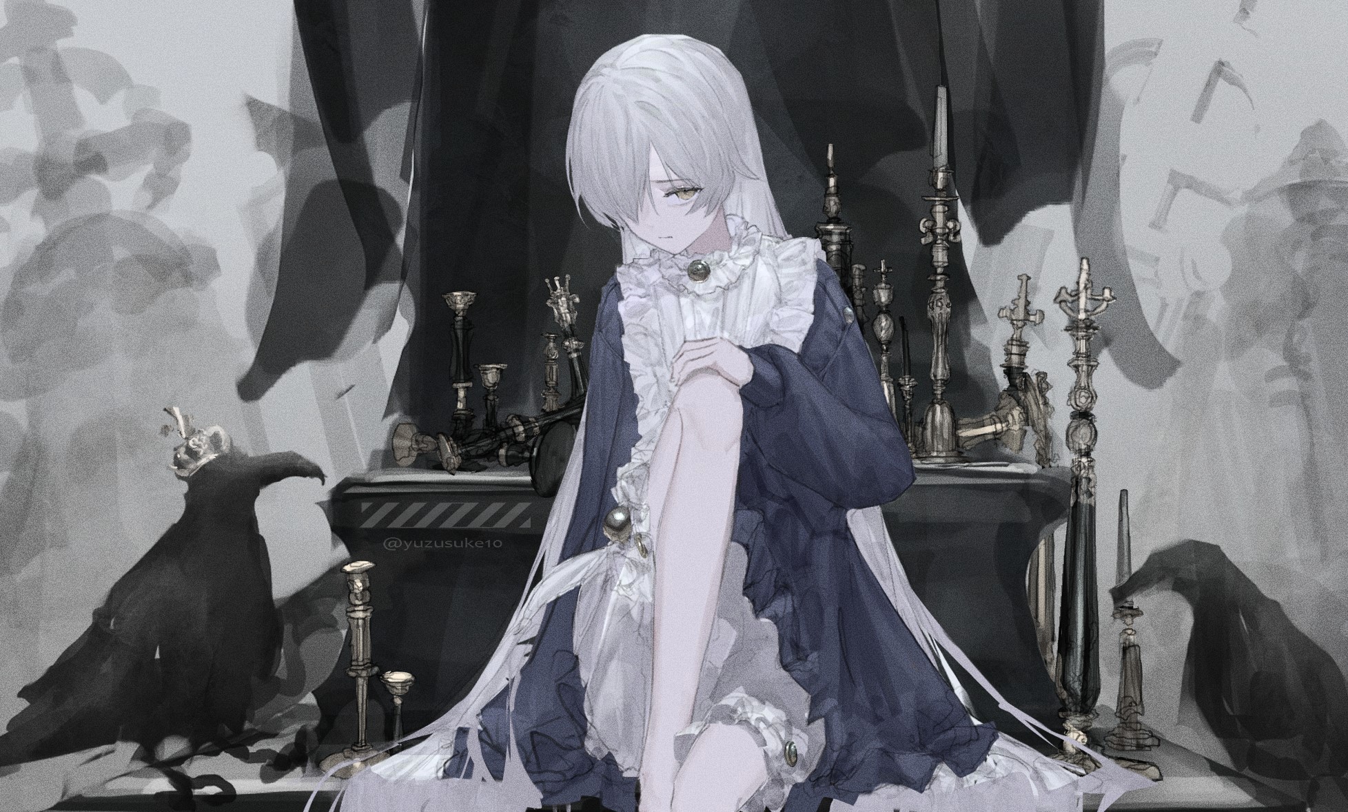 yuzu (yuzusuke10), original, commentary request, highres, 1girl, absurdly long hair, bird, black bird, black dress, bloomers, brooch, candle, candlestand, closed mouth, collared dress, crow, crown, dress, feet out of frame, film grain, frilled dress, frilled shirt collar, frills, grey background, grey hair, hair flaps, hair over one eye, hand on own knee, head down, jewelry, knee up, long hair, long sleeves, looking at viewer, one eye covered, puffy long sleeves, puffy sleeves, sitting, twitter username, two-tone dress, underwear, very long hair, white bloomers, white dress, yellow eyes