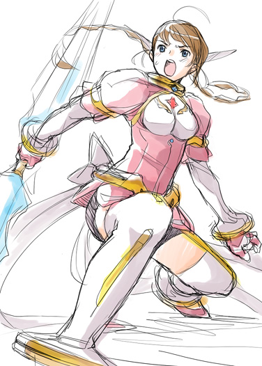 minato fumi, arika yumemiya, my-otome, 00s, ahoge, braid, kneeling, sketch, solo, squatting, thighhighs, twin braids, weapon