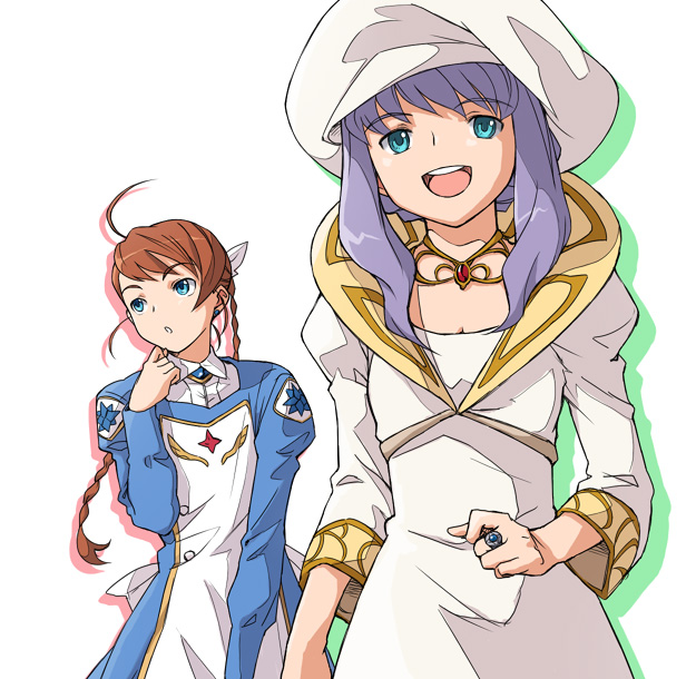 minato fumi, arika yumemiya, mashiro blan de windbloom, my-otome, 00s, 2girls, blue eyes, braid, brown hair, hat, long hair, meister otome uniform, multiple girls, purple hair, twin braids