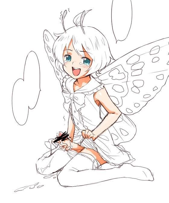 minato fumi, shimon (shimotsuma), shimotsuma, self exposure, 1boy, androgynous, antennae, blush, butterfly wings, censored, clothes lift, crossdressing, crossdressing (mtf), cum, dress, dress lift, ejaculation, erection, fairy, fairy boy, full body, insect wings, lifting own clothes, looking at viewer, male focus, male masturbation, masturbation, mini person, miniboy, pantyhose, penis, short hair, shota, simple background, sitting, sketch, sleeveless, sleeveless dress, smile, solo, solo focus, speech bubble, tearing up, thighhighs, trap, wariza, white background, wings
