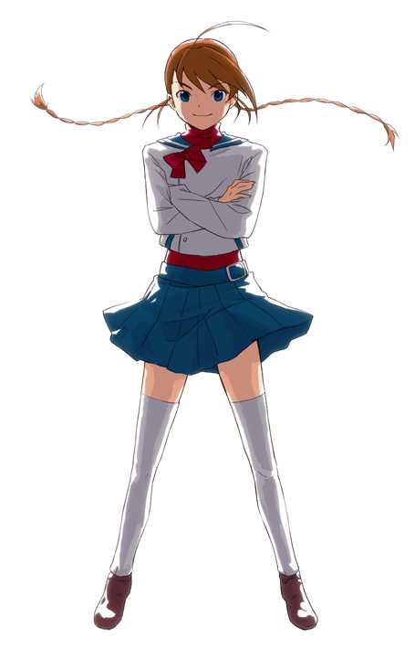 minato fumi, arika yumemiya, my-otome, top wo nerae!, top wo nerae! (series), braid, brown hair, crossed arms, long hair, parody, skirt, smile, solo, thighhighs, twin braids, white thighhighs, zettai ryouiki