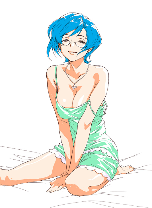 minato fumi, barefoot, blue hair, breasts, cleavage, glasses, kneeling, large breasts, lingerie, negligee, short hair, smile, solo, strap slip, underwear