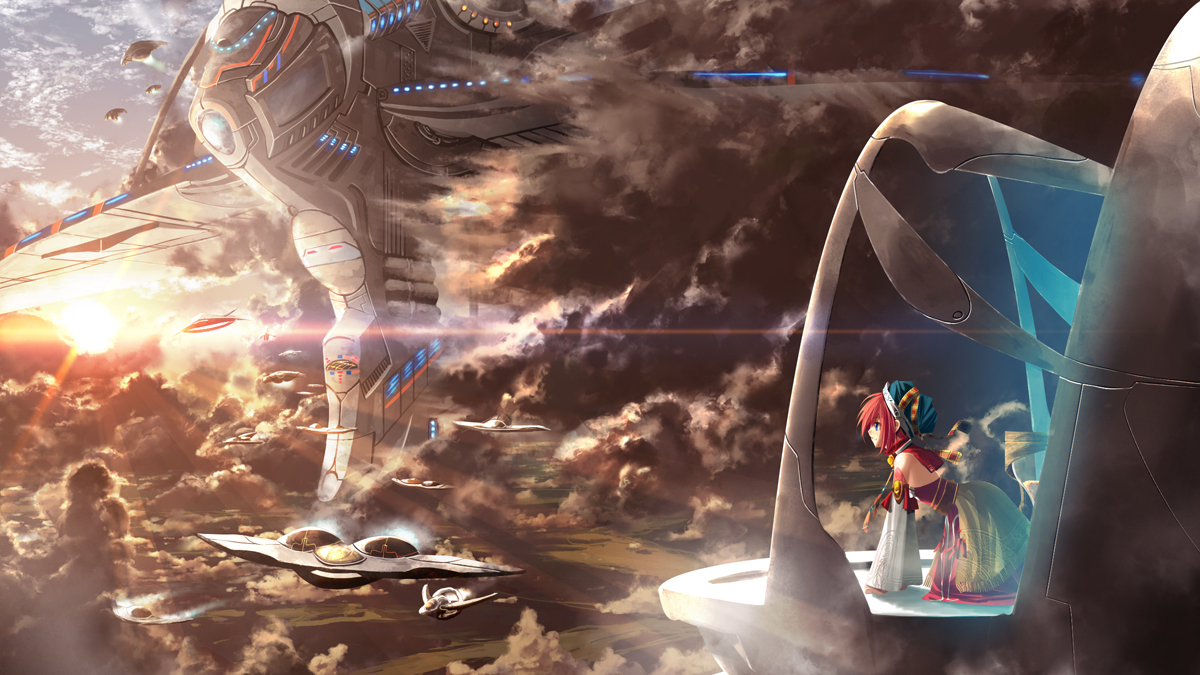 kouji (astral reverie), original, 1girl, cloud, fantasy, hat, red hair, scenery, spacecraft, sun