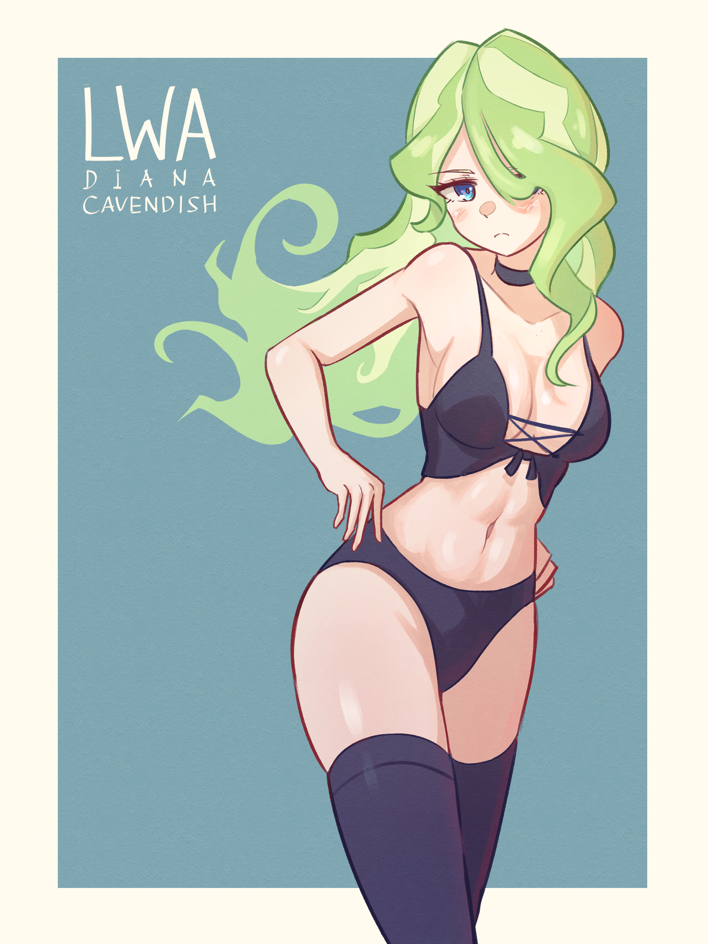 madabau, diana cavendish, little witch academia, absurdres, highres, 1girl, black bra, black choker, black panties, black thighhighs, blonde hair, blue eyes, blush, border, bra, breasts, character name, choker, cleavage, floating hair, hair over one eye, long hair, looking at viewer, medium breasts, panties, simple background, solo, thighhighs, underwear, underwear only, very long hair, wavy hair, white border