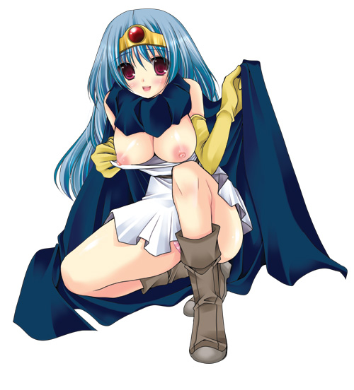 sakura hanatsumi, sakura hanatsumi (pixiv), sage (dq3), chunsoft, dragon quest, dragon quest iii, enix, 1girl, blue hair, blush, boots, breasts, cape, circlet, elbow gloves, female focus, gloves, large breasts, long hair, nipples, panties, red eyes, solo, striped clothes, striped panties, underwear