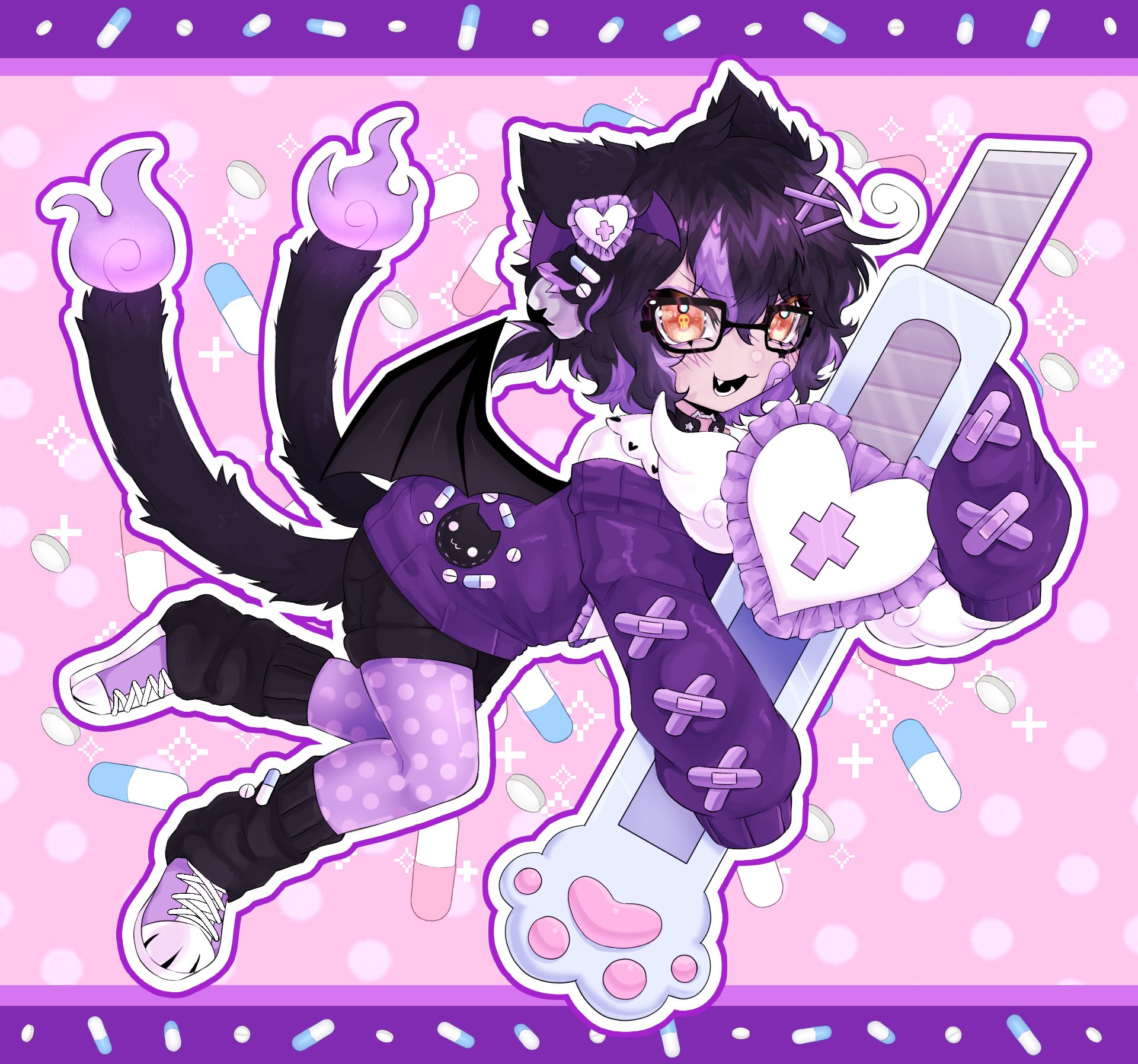 original, commentary, english commentary, highres, 1girl, :3, animal ears, bandaid, bat wings, black hair, black leg warmers, boxcutter, cat ears, cat girl, cat tail, fire, full body, glasses, hair ornament, heart, heart hair ornament, leg warmers, long sleeves, looking at viewer, multicolored hair, multiple tails, nekomata, one side up, open mouth, outline, oversized object, pantyhose, pill, pill hair ornament, polka dot, polka dot pantyhose, purple outline, purple pantyhose, purple shoes, purple sweater, purple theme, sakkametzu, shoes, short hair, sneakers, solo, streaked hair, sweater, tail, two tails, wings, yami kawaii, yellow eyes