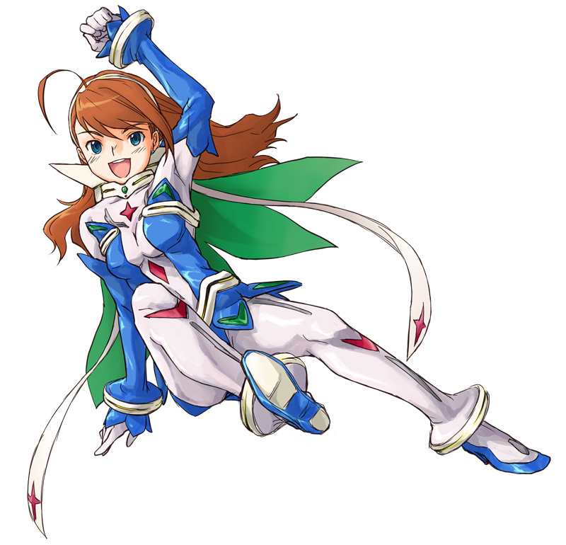 minato fumi, arika yumemiya, my-otome, 00s, blue eyes, blush, bodysuit, brown hair, long hair, solo