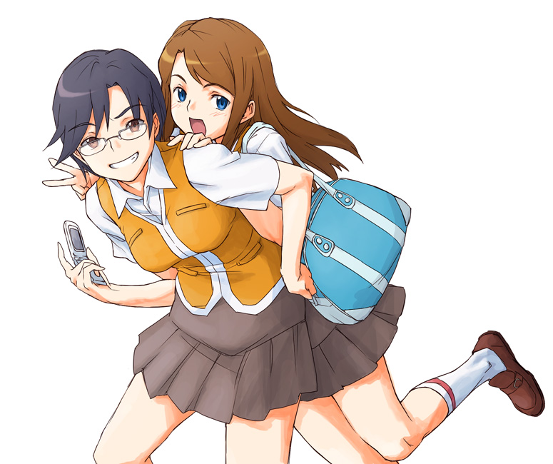 minato fumi, harada chie, senou aoi, my-hime, 00s, bag, black hair, blue eyes, brown eyes, brown hair, cellphone, glasses, long hair, phone, school uniform, short hair, skirt