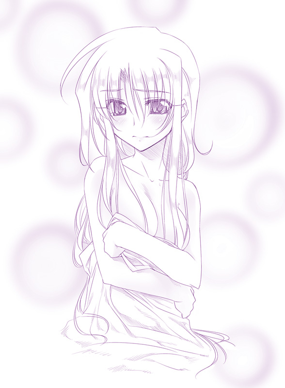 himura kiseki, archerko (himura kiseki), fate/stay night, fate (series), breast hold, 00s, 1girl, bed sheet, breasts, female focus, long hair, monochrome, naked sheet, purple theme, solo, tears