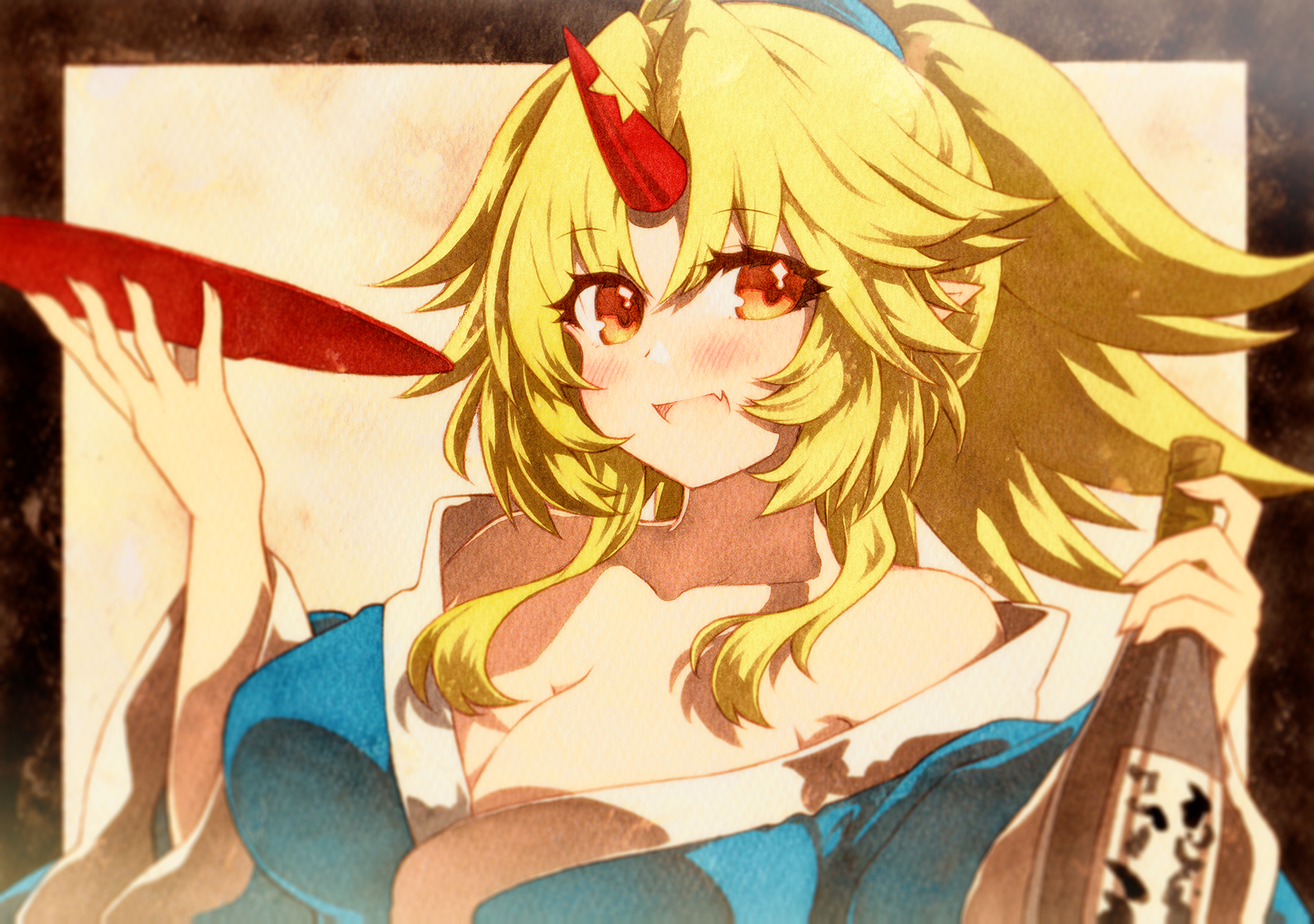 rinka (qqqrinkappp), hoshiguma yuugi, touhou, highres, 1girl, :d, bare shoulders, blonde hair, blush, bottle, breasts, brown eyes, cleavage, cup, fang, fingernails, hair between eyes, hands up, happy, high ponytail, holding, holding bottle, holding cup, horns, large breasts, long hair, looking at viewer, off shoulder, open mouth, parted bangs, pointy ears, ponytail, red eyes, sakazuki, sake bottle, single horn, skin fang, smile, solo, upper body