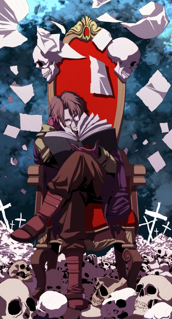 tsukumo (soar99), lezard valeth, valkyrie profile (series), 1boy, book, brown hair, chair, cross, glasses, gloves, male focus, sitting, skull, solo, throne