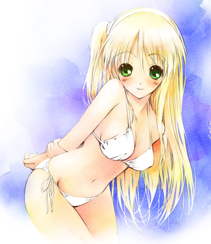 saeki touma, nonosaki akiho, moshimo ashita ga hare naraba, bad id, bad pixiv id, 1girl, :3, bikini, blonde hair, female focus, green eyes, hairband, leaning forward, long hair, one side up, ponytail, side-tie bikini bottom, side ponytail, solo, swimsuit, white bikini
