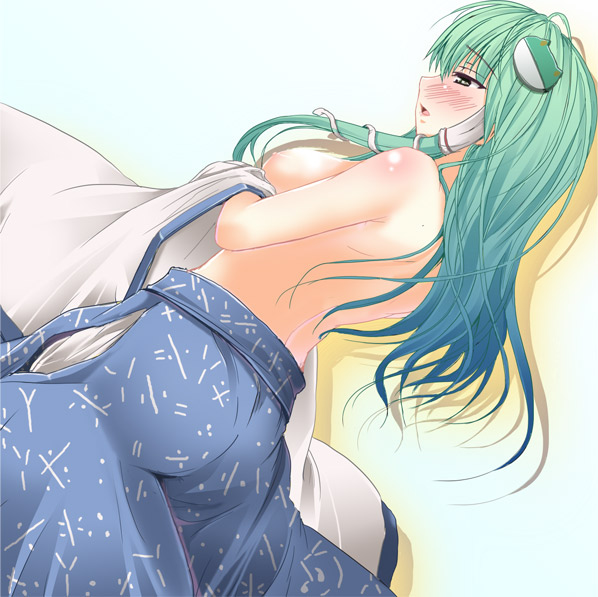 nekonote (nekono paraiso), kochiya sanae, touhou, 1girl, back, blush, breasts, detached sleeves, female focus, gradient background, green eyes, green hair, large breasts, long hair, matching hair/eyes, snake, solo, topless female, undressing