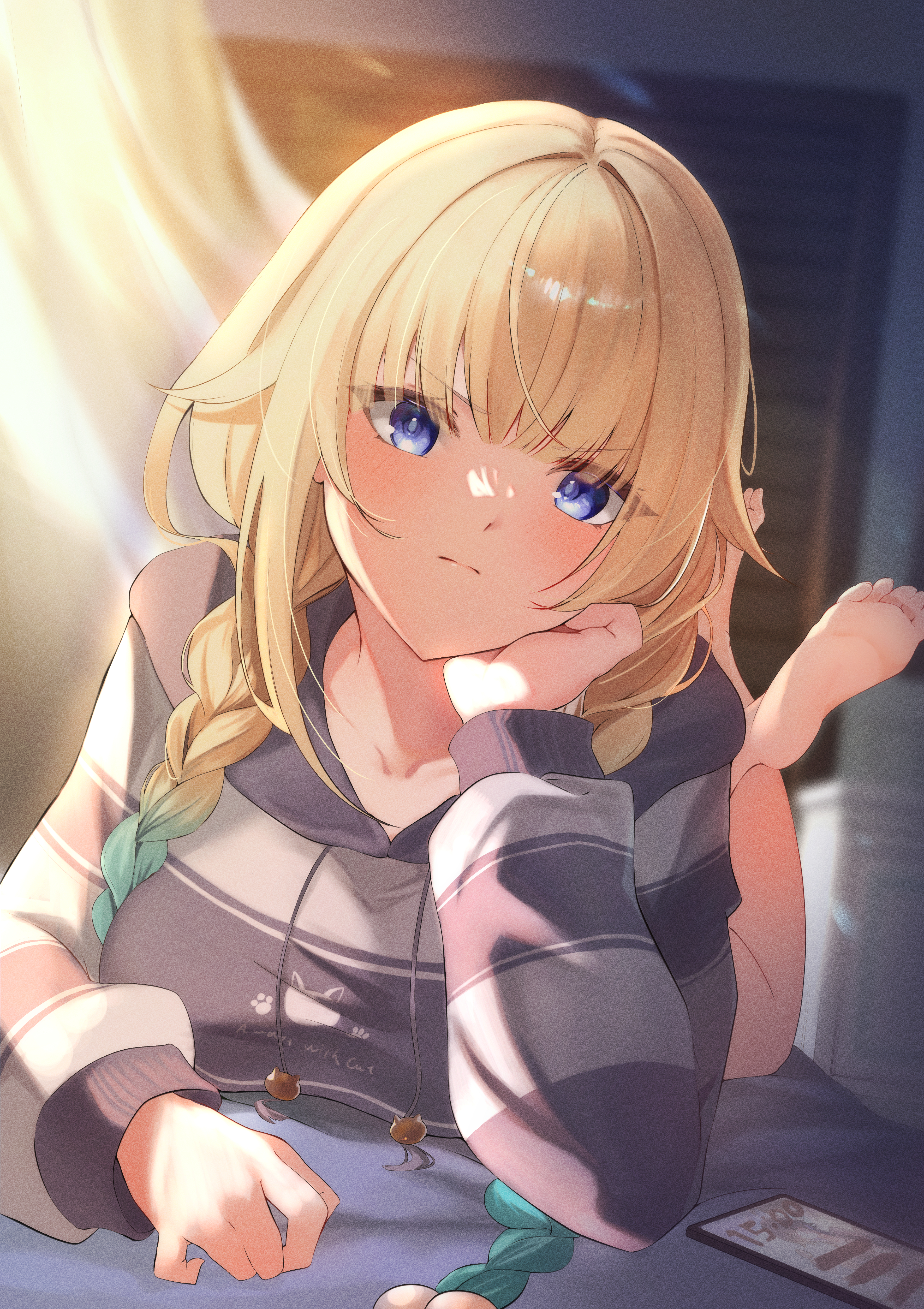 takanashi art, aizawa ema, aizawa ema (4th costume), vspo!, absurdres, commentary request, highres, 1girl, aqua hair, barefoot, blonde hair, blue eyes, blurry, blurry background, braid, breasts, cellphone, closed mouth, feet, frown, gradient hair, grey hoodie, hair flaps, head rest, hood, hoodie, indoors, large breasts, long sleeves, looking at viewer, lying, multicolored hair, official alternate costume, on stomach, phone, puffy long sleeves, puffy sleeves, smartphone, soles, solo, twin braids, two-tone hoodie, v-shaped eyebrows, virtual youtuber, white hoodie