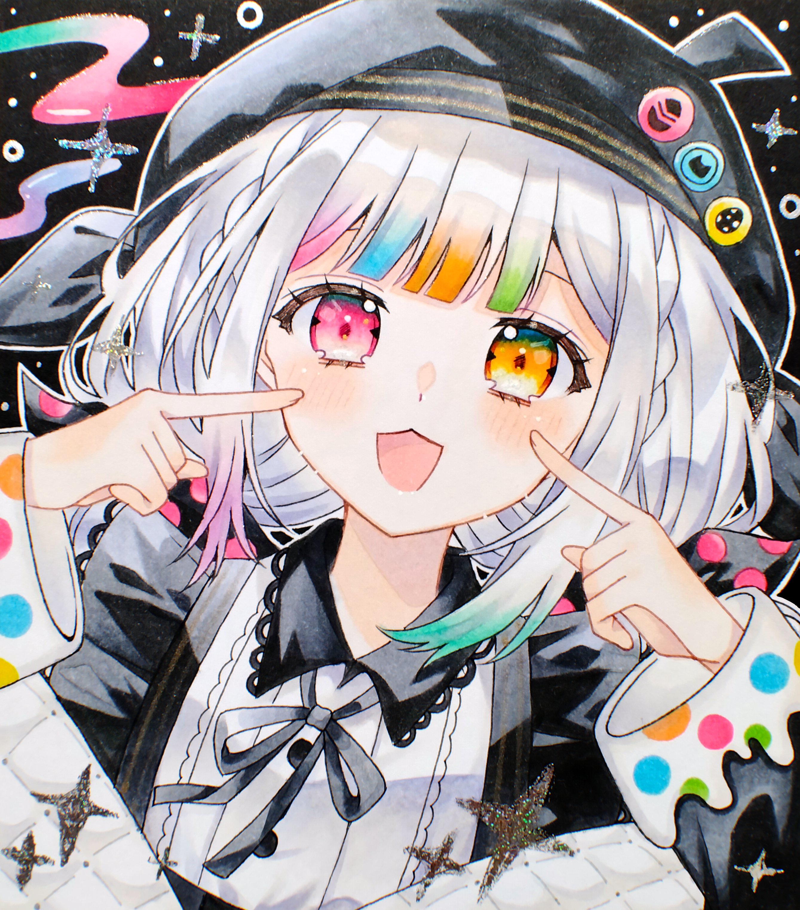 jogasaki noah, mahou shoujo no majo saiban, absurdres, commentary request, highres, marker (medium), traditional media, 1girl, :3, :d, akatsuki nea, beret, black ribbon, blunt bangs, bow, fingers to cheeks, hands up, hat, heterochromia, long hair, long sleeves, looking at viewer, magical girl, multicolored hair, neck ribbon, open mouth, outline, polka dot, polka dot bow, ribbon, shikishi, smile, solo, sparkle, streaked hair, upper body, white hair, white outline, yellow eyes