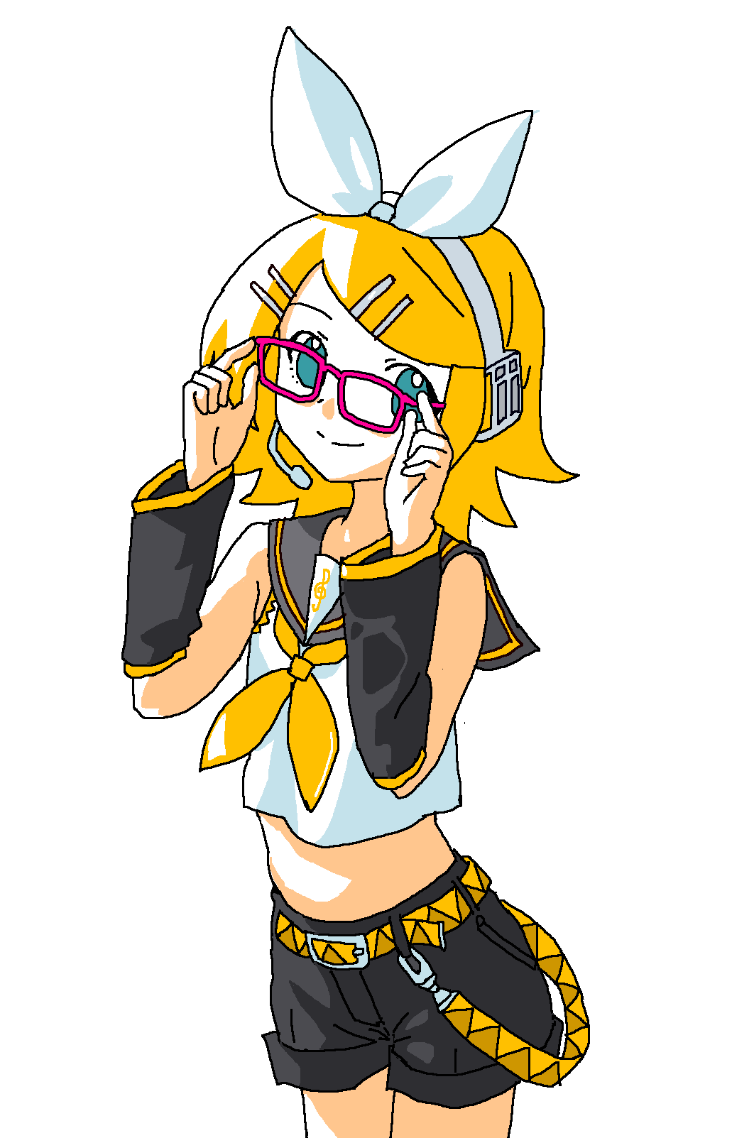 kagamine rin, vocaloid, highres, 1girl, adjusting eyewear, bespectacled, black shorts, black sleeves, blonde hair, blue eyes, cowboy shot, crop top, detached sleeves, glasses, gosari draw, hair ornament, hairclip, headphones, midriff, parallel hairclips, shirt, short hair, short shorts, shorts, simple background, sleeveless, sleeveless shirt, solo, white background