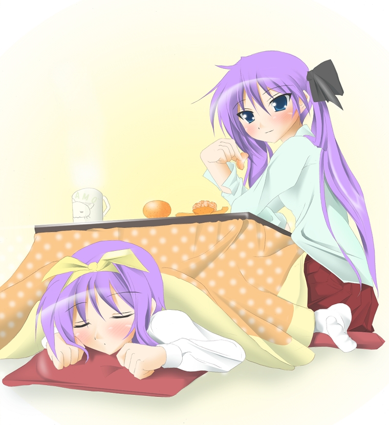 kuro inu, kuroinu (sonoba shinogi), hiiragi kagami, hiiragi tsukasa, lucky star, 00s, 2girls, closed eyes, cup, food, fruit, kotatsu, mandarin orange, mug, multiple girls, orange (fruit), siblings, sisters, sleeping, table, twins