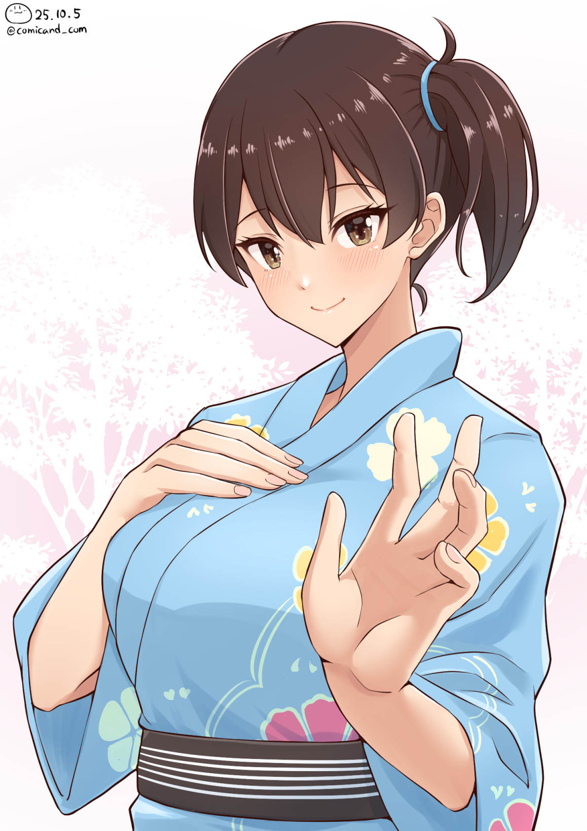 shiromaru (maniado), kaga (kancolle), kantai collection, highres, 1girl, alternate costume, blue kimono, brown eyes, brown hair, dated, floral print, japanese clothes, kimono, medium hair, obi, sash, side ponytail, smile, solo, twitter username, upper body, white background, yukata