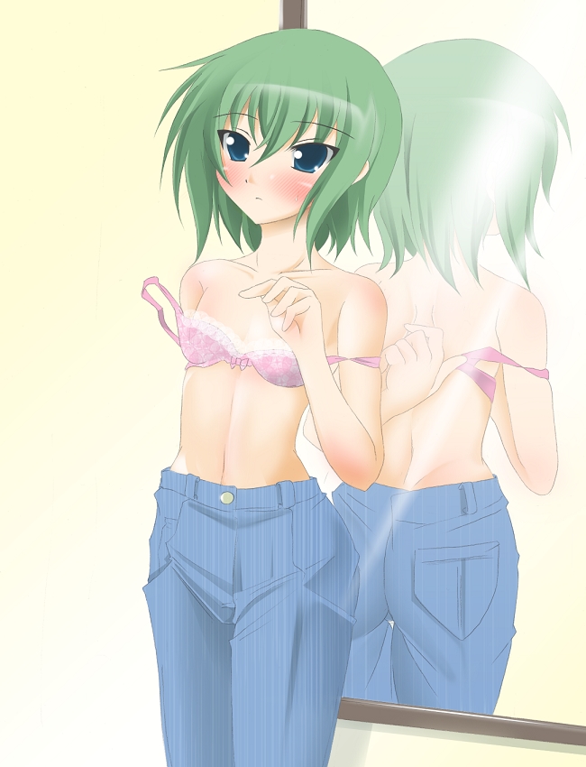 kuro inu, kuroinu (sonoba shinogi), iwasaki minami, lucky star, 00s, 1girl, blue eyes, blush, bra, female focus, flat chest, green hair, lingerie, mirror, short hair, solo, underwear, undressing