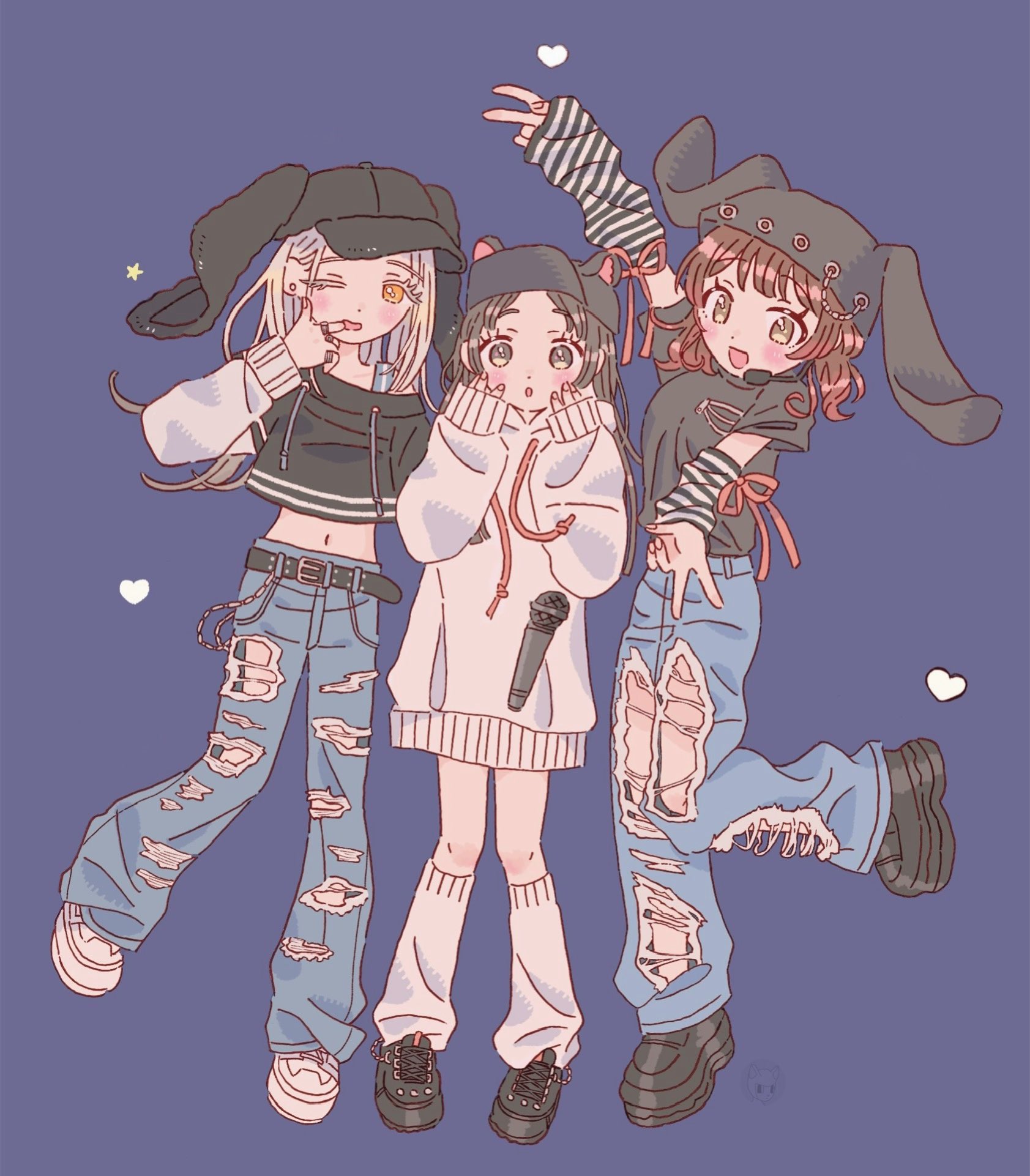 bouryoku hantai, hanami ume, kuramoto china, shinosawa hiro, gakuen idolmaster, idolmaster, highres, animal ears, animal hat, arm warmers, black hat, black shoes, blush, bra strap, brown eyes, brown hair, colored eyelashes, crop top, denim, double v, finger in own mouth, hamster ears, hamster hat, hands on own cheeks, hands on own face, hat, hood, hoodie, jeans, leg warmers, long sleeves, microphone, navel, no pants, open mouth, orange eyes, oversized clothes, pants, rabbit ears, rabbit hat, red hair, shoes, short sleeves, simple background, smile, striped arm warmers, surprised, torn clothes, torn jeans, torn pants, v, white eyelashes, white hair, white hoodie, white shoes