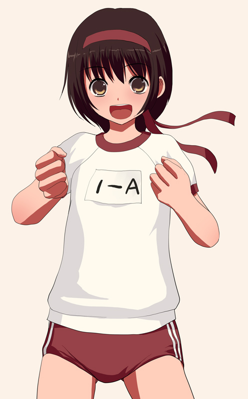 natori (natorism), original, bandana, brown eyes, brown hair, buruma, gym uniform, headband, short hair, solo