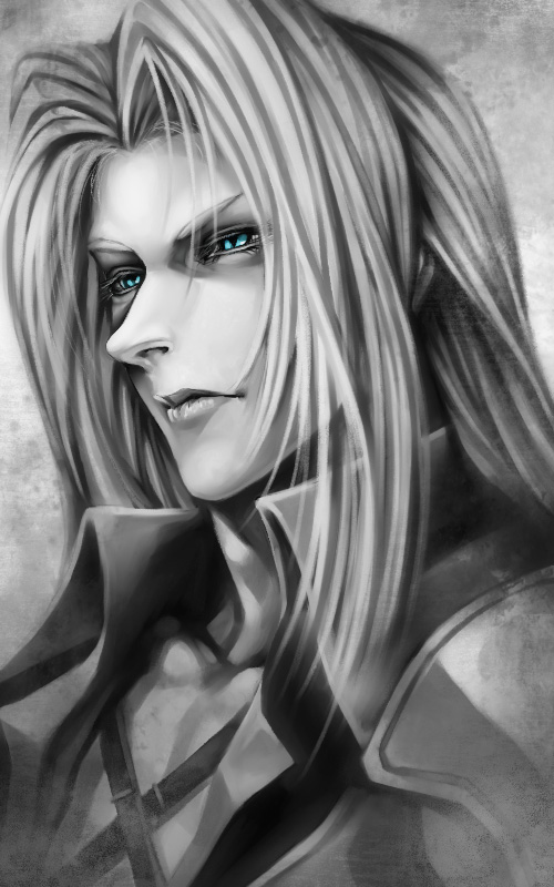 kink (tortoiseshell), sephiroth, final fantasy, final fantasy vii, 1990s (style), 1boy, blue eyes, greyscale, long hair, male focus, monochrome, nose, retro artstyle, solo, spot color