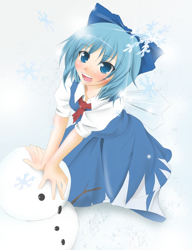 kuro inu, kuroinu (sonoba shinogi), cirno, perfect cherry blossom, touhou, 1girl, female focus, open mouth, snowing, snowman, solo