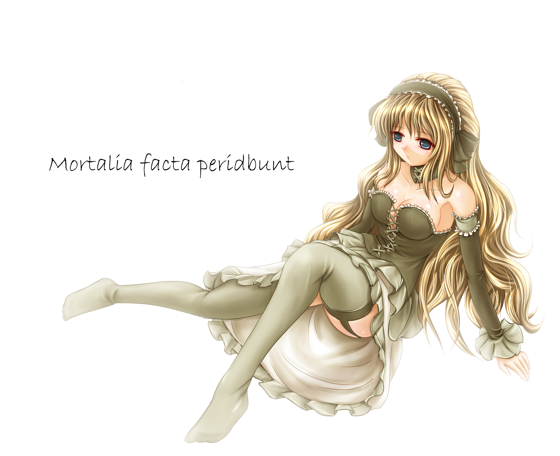 minazuki (jo), su-7d1, pandora no yume, highres, arm garter, blue eyes, brown hair, detached sleeves, elbow gloves, gloves, hairband, latin text, long hair, sitting, thighhighs