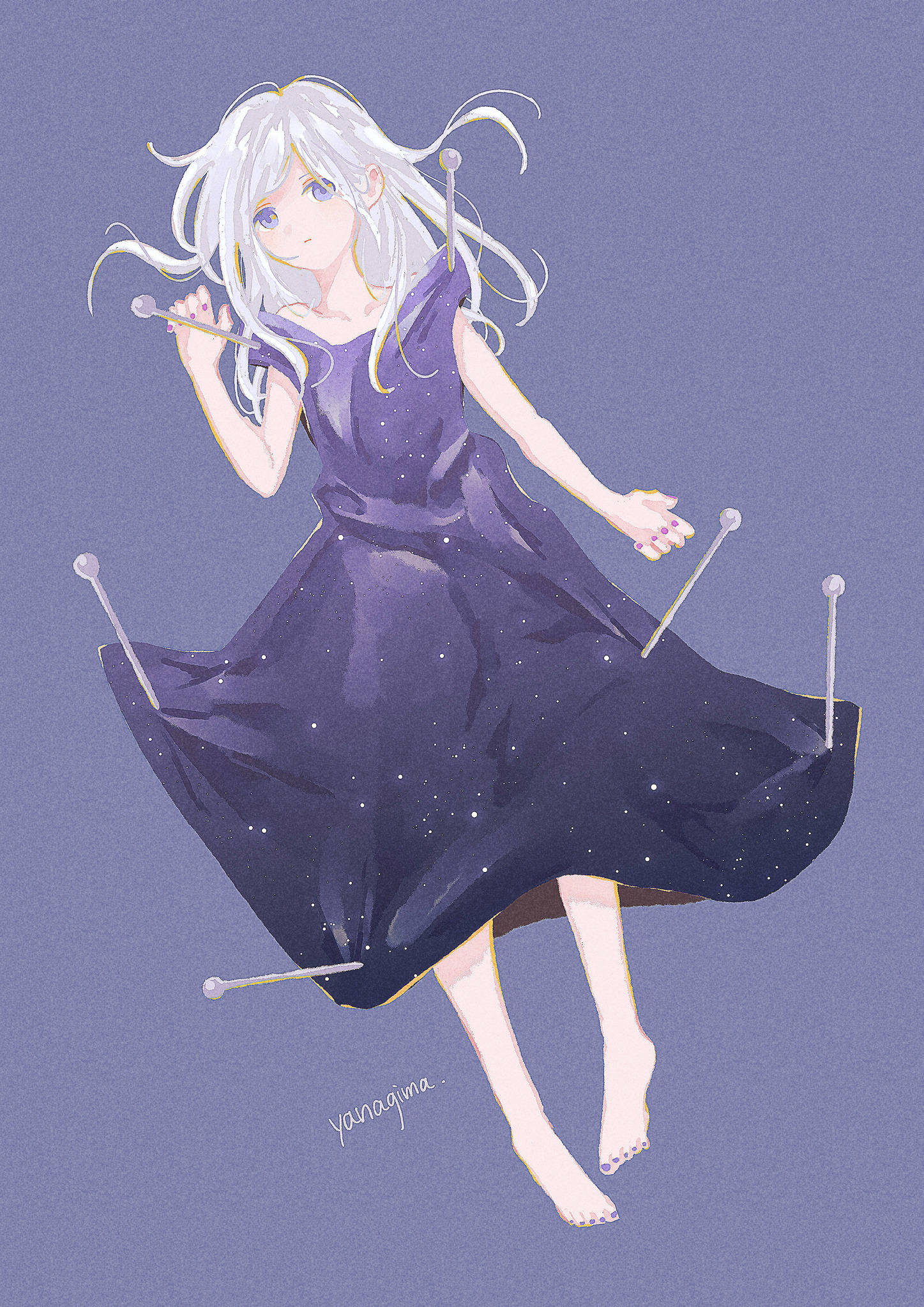 yanagima yu03, original, highres, 1girl, barefoot, blue eyes, collarbone, dress, insect pin, long hair, looking at viewer, monochrome background, pink nails, solo, swept bangs, white hair