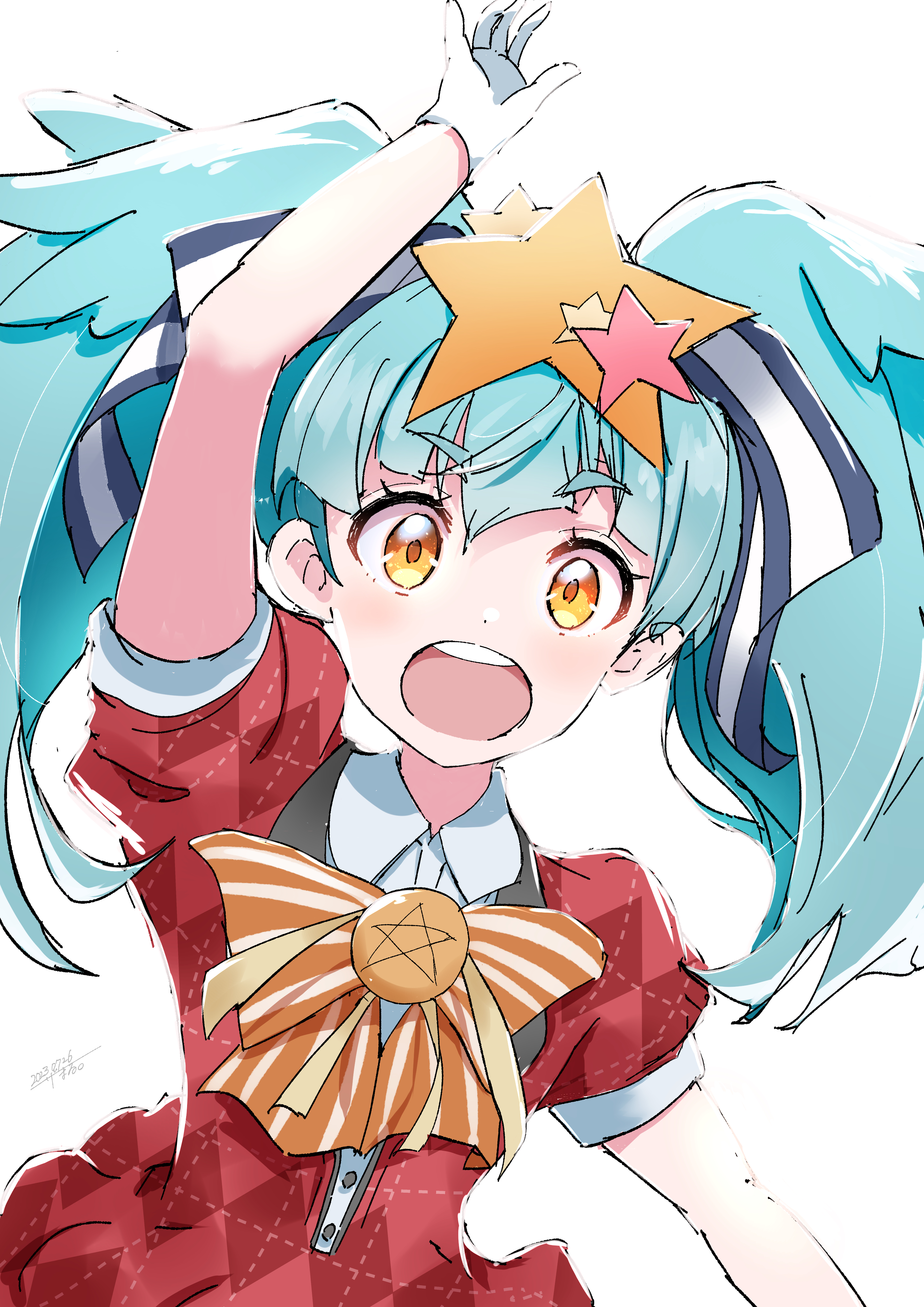 gamer u3, hoshikawa lily, zombie land saga, absurdres, commentary request, highres, variant set, 1girl, arm up, blue hair, bow, dress, gloves, hair ornament, long hair, looking at viewer, open mouth, orange bow, puffy short sleeves, puffy sleeves, red dress, short sleeves, simple background, solo, star (symbol), star hair ornament, twintails, white background, white gloves, yellow eyes