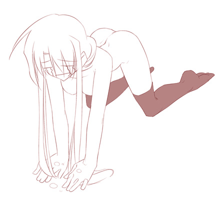 himura kiseki, archerko (himura kiseki), fate/stay night, fate (series), gender request, lowres, 00s, 1girl, all fours, breasts, closed eyes, female focus, genderswap, hanging breasts, large breasts, long hair, monochrome, nude, prostration, simple background, solo, tears, thighhighs, white background
