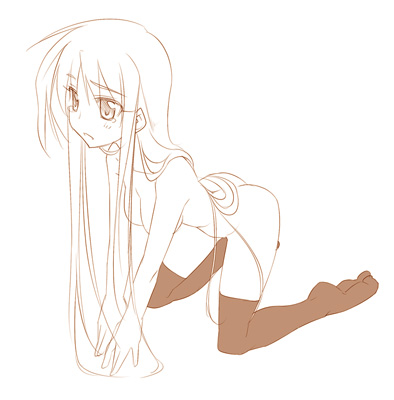 himura kiseki, archerko (himura kiseki), fate/stay night, fate (series), lowres, 00s, 1girl, ass, breasts, female focus, kneeling, long hair, monochrome, nude, solo, tears, thighhighs, v arms, very long hair