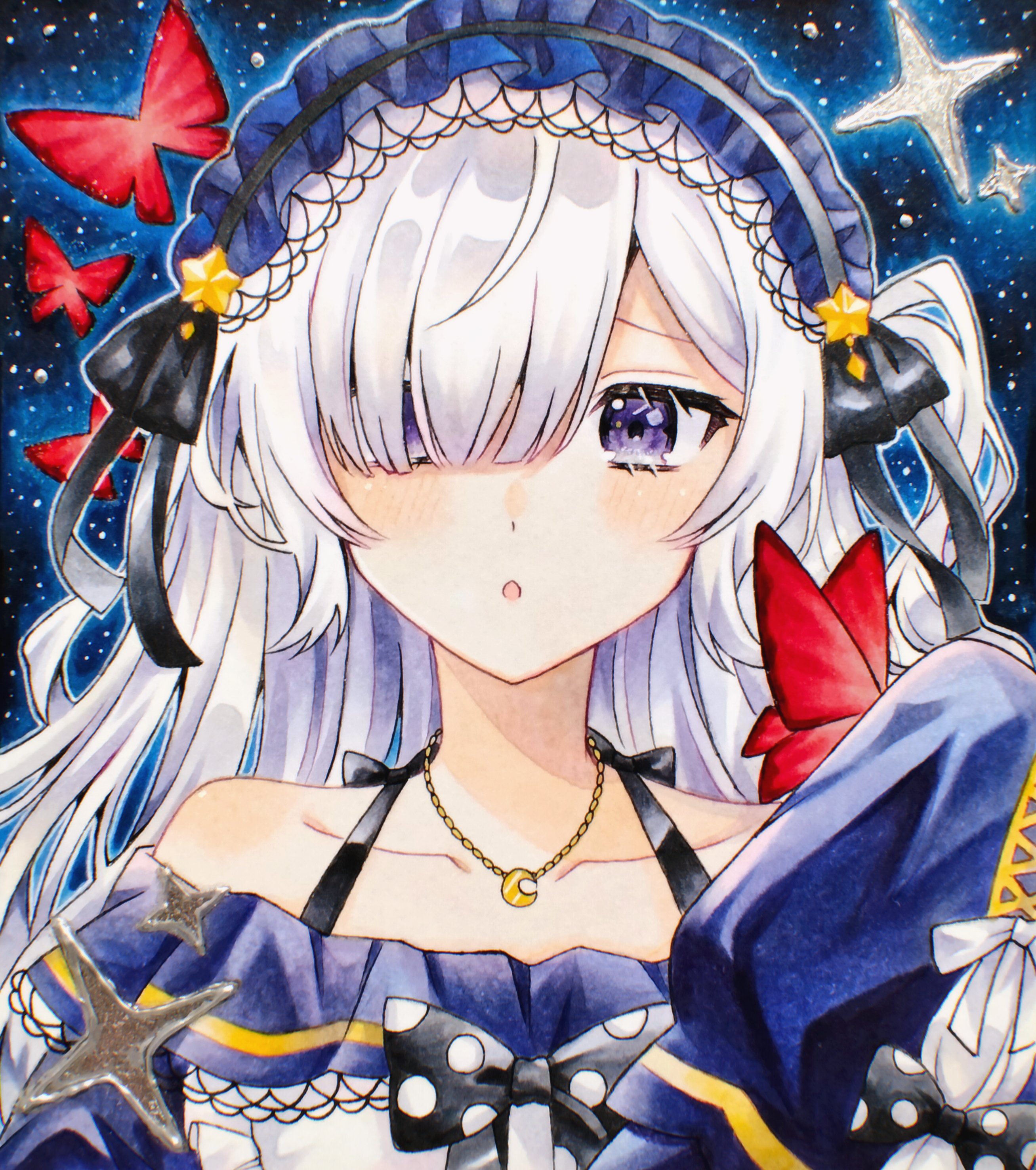natsume an-an, mahou shoujo no majo saiban, absurdres, commentary request, highres, marker (medium), traditional media, 1girl, :o, akatsuki nea, black ribbon, blue hairband, bow, bug, butterfly, crescent, crescent necklace, gothic lolita, hair over one eye, hair ribbon, hairband, insect, jewelry, lolita fashion, lolita hairband, long hair, long sleeves, looking at viewer, magical girl, necklace, one side up, open mouth, polka dot, polka dot bow, purple eyes, red butterfly, ribbon, shikishi, sleeves past fingers, sleeves past wrists, solo, sparkle, star (symbol), upper body, white hair