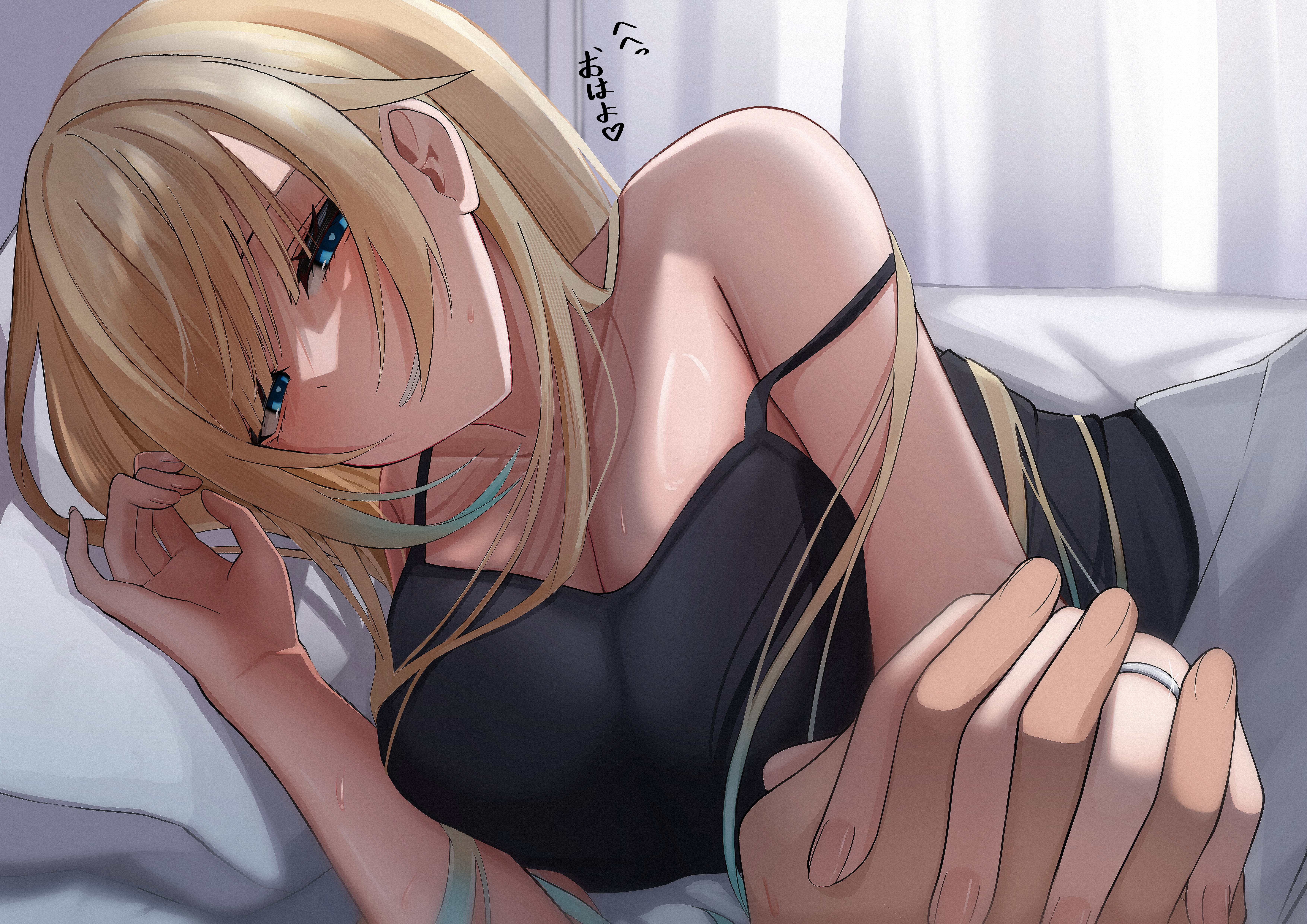 hanatsuki kia, aizawa ema, vspo!, absurdres, commentary request, highres, translation request, 1boy, 1girl, alternate costume, aqua hair, black camisole, blanket, blonde hair, blue eyes, breasts, camisole, cleavage, collarbone, gradient hair, grin, hair flaps, hand up, holding hands, large breasts, long hair, looking at viewer, lying, morning, multicolored hair, on side, pillow, pov, pov hands, smile, spaghetti strap, strap slip, under covers, virtual youtuber, waking up