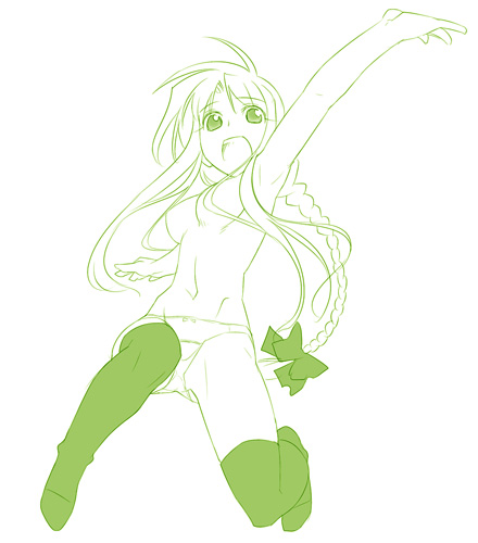 himura kiseki, archerko (himura kiseki), fate/stay night, fate (series), lowres, 00s, 1girl, :d, armpits, braid, breasts, female focus, green theme, hair censor, long hair, monochrome, navel, open mouth, outstretched arm, panties, smile, solo, thighhighs, underwear