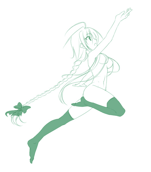 himura kiseki, archerko (himura kiseki), fate/stay night, fate (series), 00s, 1girl, braid, breasts, female focus, green theme, hair censor, jumping, leg lift, long hair, looking up, monochrome, navel, outstretched arm, skindentation, solo, thighhighs, very long hair