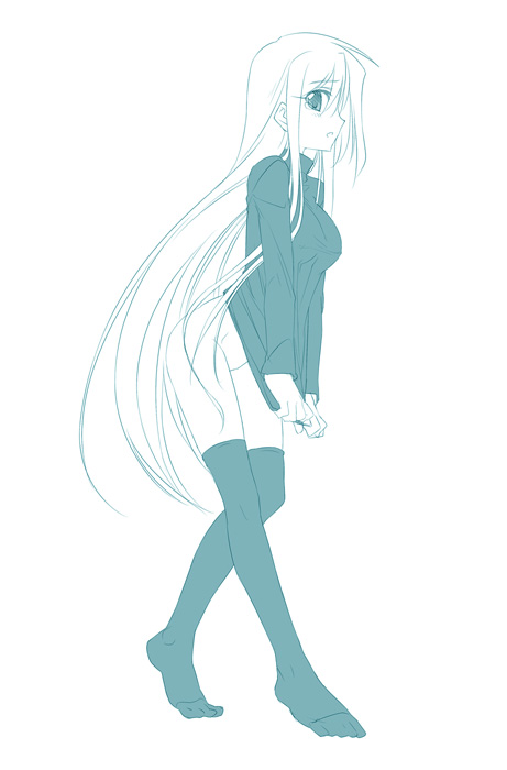 himura kiseki, archerko (himura kiseki), fate/stay night, fate (series), 00s, 1girl, blue theme, bottomless, clothes pull, feet, female focus, full body, long hair, monochrome, no panties, no shoes, shirt pull, simple background, solo, standing, tears, thighhighs, tiptoes, turtleneck, very long hair, white background