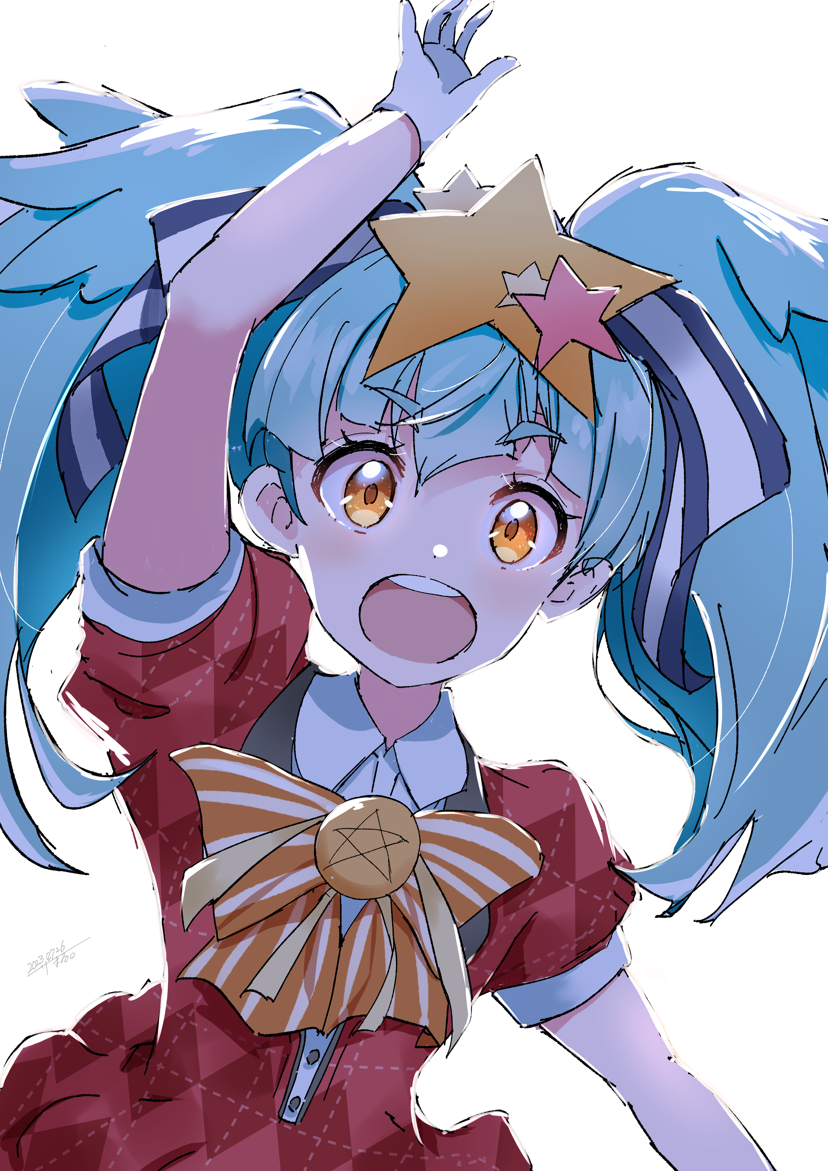 gamer u3, hoshikawa lily, zombie land saga, absurdres, commentary request, highres, variant set, 1girl, arm up, blue hair, bow, dress, gloves, hair ornament, long hair, looking at viewer, open mouth, orange bow, puffy short sleeves, puffy sleeves, red dress, short sleeves, simple background, solo, star (symbol), star hair ornament, twintails, white background, white gloves, yellow eyes