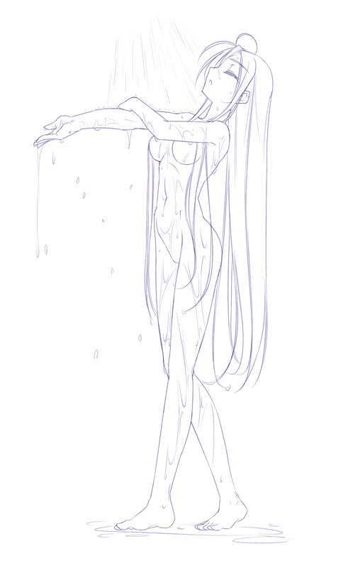 himura kiseki, archerko (himura kiseki), fate/stay night, fate (series), 00s, 1girl, barefoot, breasts, closed eyes, female focus, long hair, monochrome, nude, purple theme, showering, solo, standing, very long hair, wet