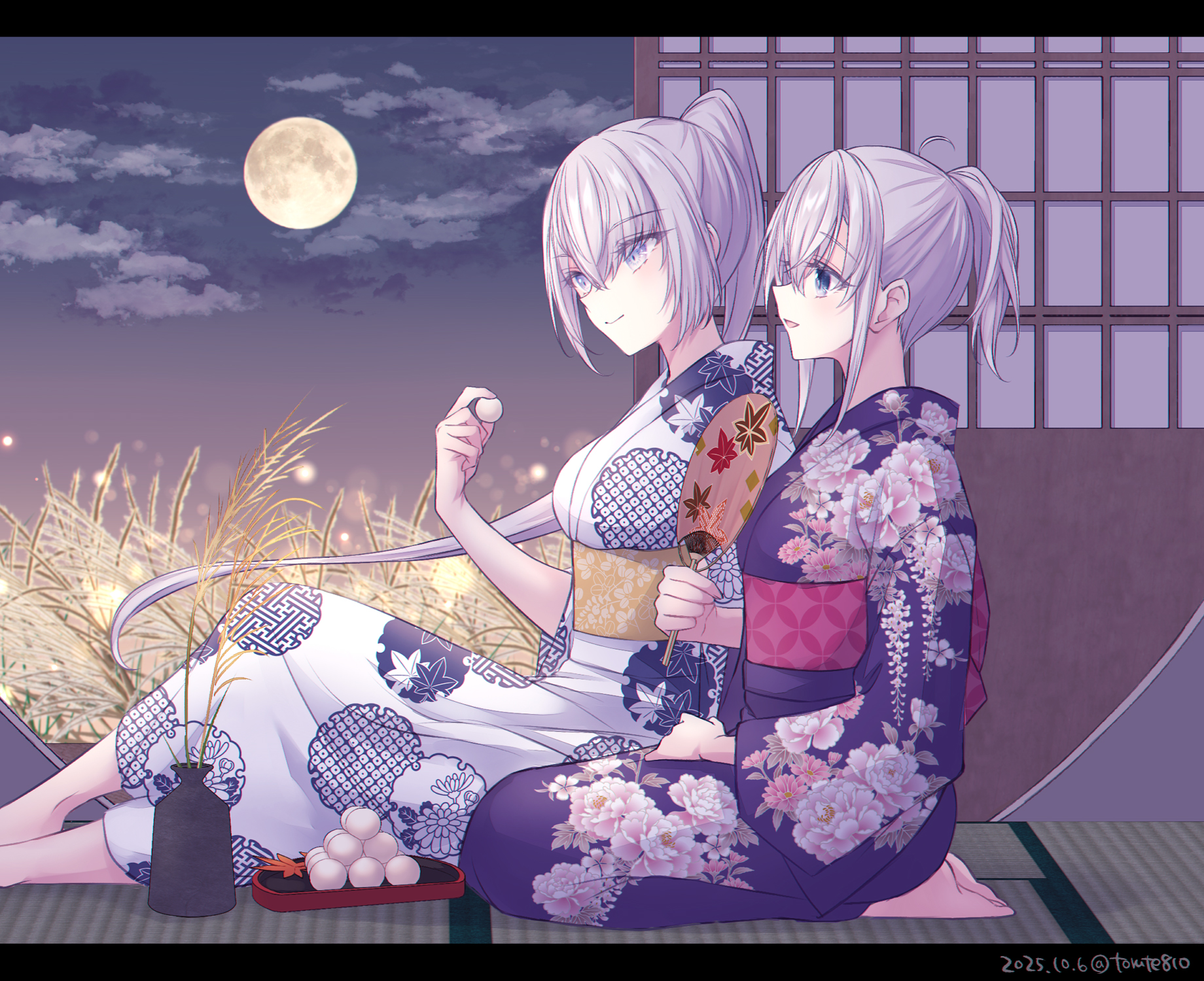 kabocha torute, fuyutsuki (kancolle), suzutsuki (kancolle), kantai collection, commentary request, highres, 2girls, alternate costume, blue kimono, cloud, food, full moon, grey eyes, grey hair, japanese clothes, kimono, long hair, medium hair, mochi, moon, multiple girls, night, night sky, ponytail, seiza, sitting, sky, very long hair, wheat, yukata