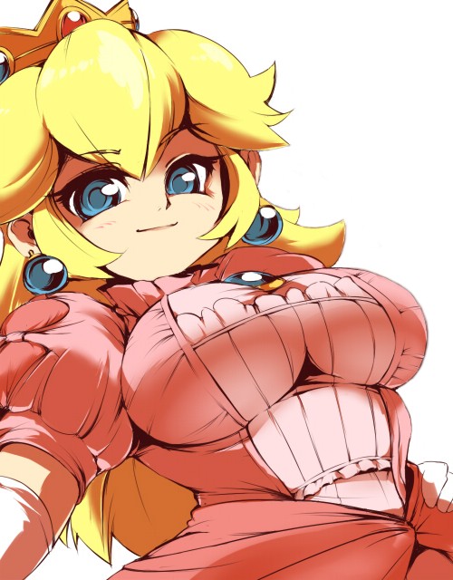 ario, princess peach, mario (series), nintendo, 1girl, blonde hair, blue eyes, breasts, crown, dress, earrings, female focus, jewelry, large breasts, pink dress, solo