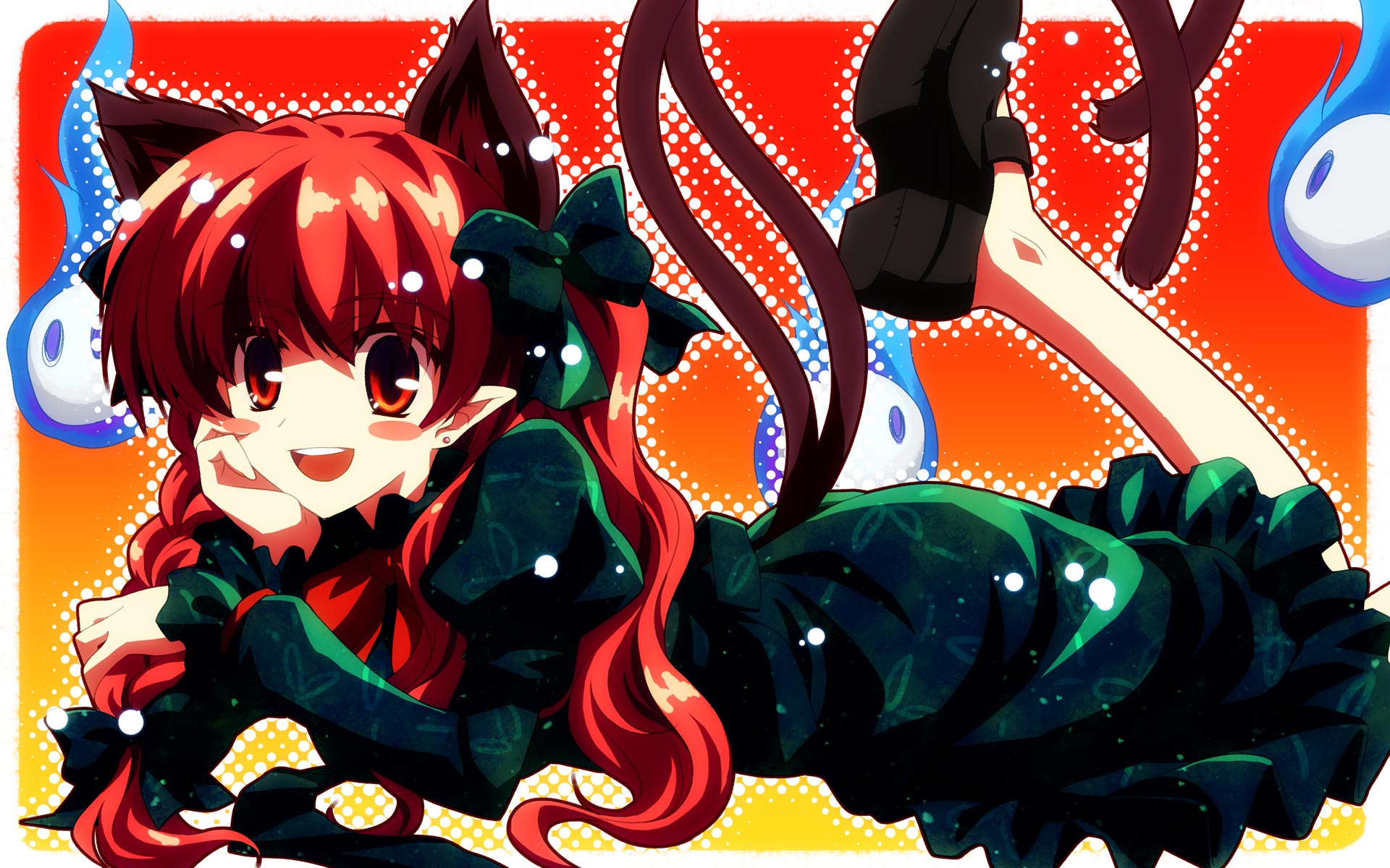 studio sdt, yuuki tatsuya, kaenbyou rin, touhou, highres, 1girl, animal ears, blush stickers, braid, cat ears, cat girl, cat tail, female focus, hair ribbon, hitodama, lying, multiple tails, on stomach, pointy ears, red eyes, red hair, ribbon, short hair, skull, solo, tail, twin braids, twintails